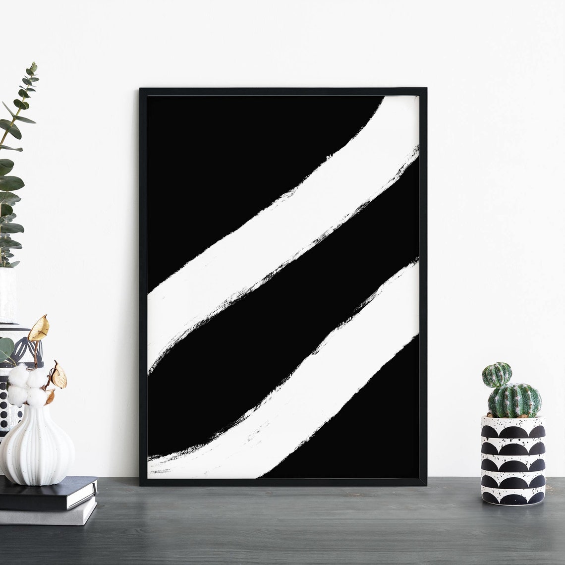 Diagonal White Brushstroke on Black Mono No1 Minimalist Poster