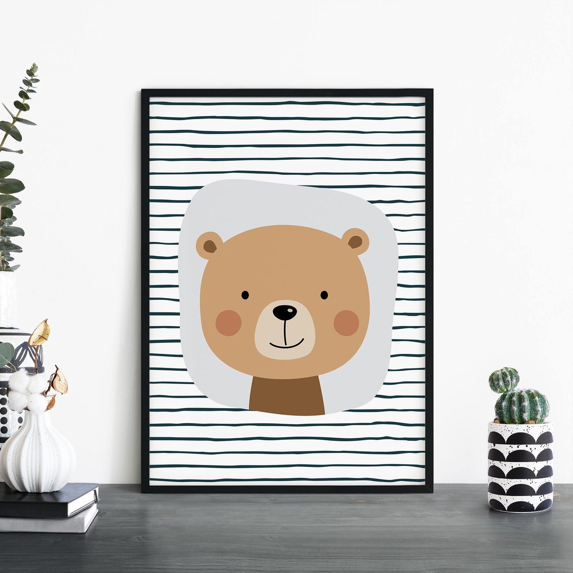Smiling Brown Teddy Bear Hand Drawn Striped Nursery Kids Room Wall Art