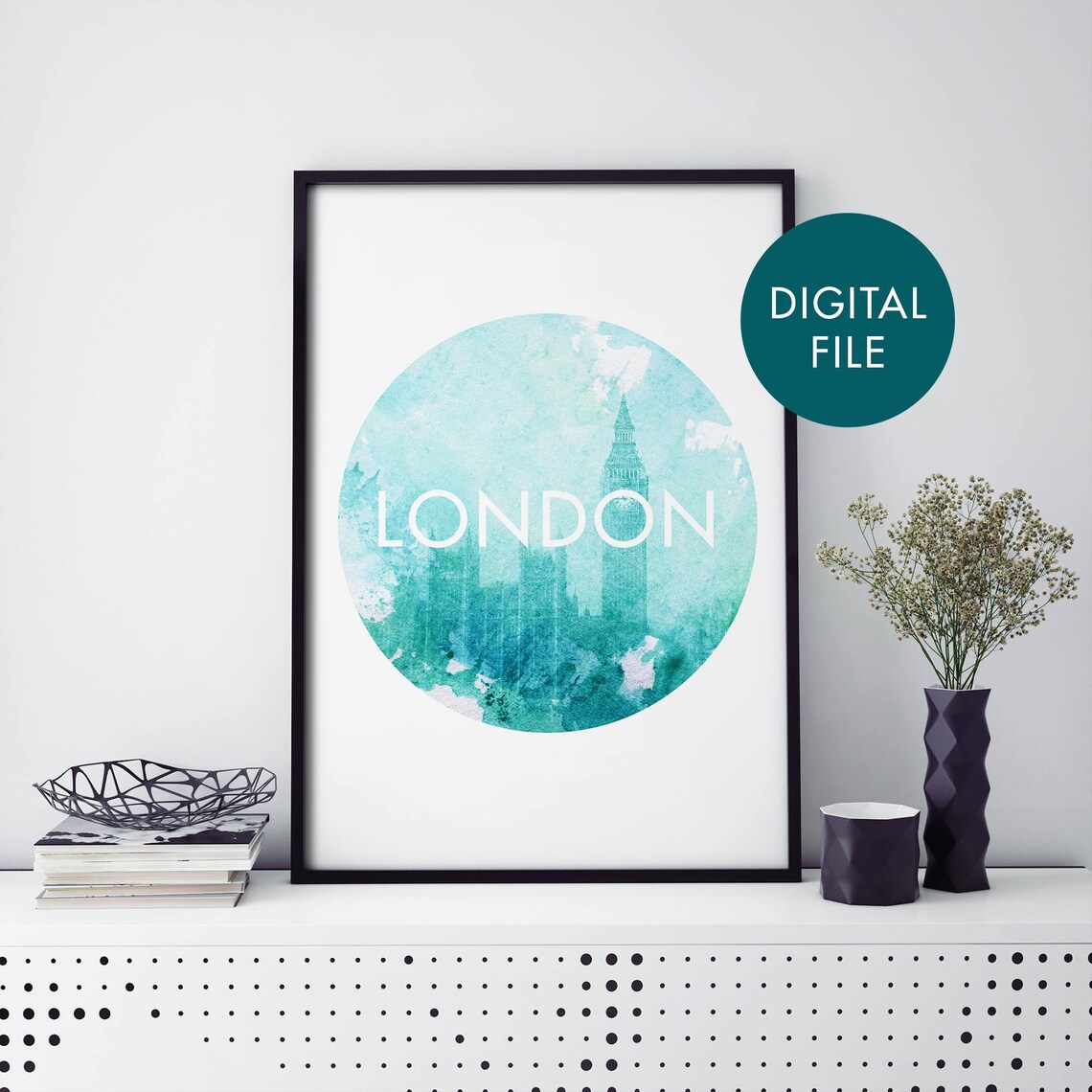 London Big Ben Watercolor Circle Aqua Teal City Travel Poster
