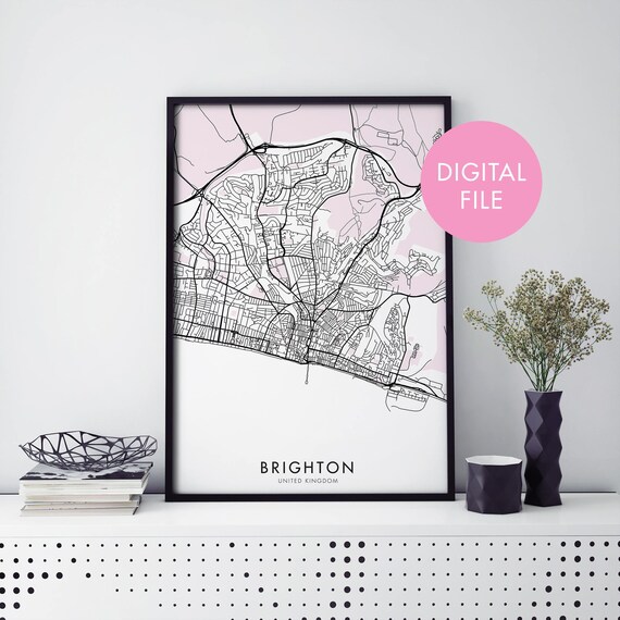 Brighton United Kingdom Blush Pink City Map Street Art Digital Poster