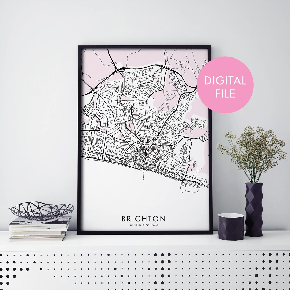 Brighton United Kingdom Blush Pink City Map Street Art Digital Poster