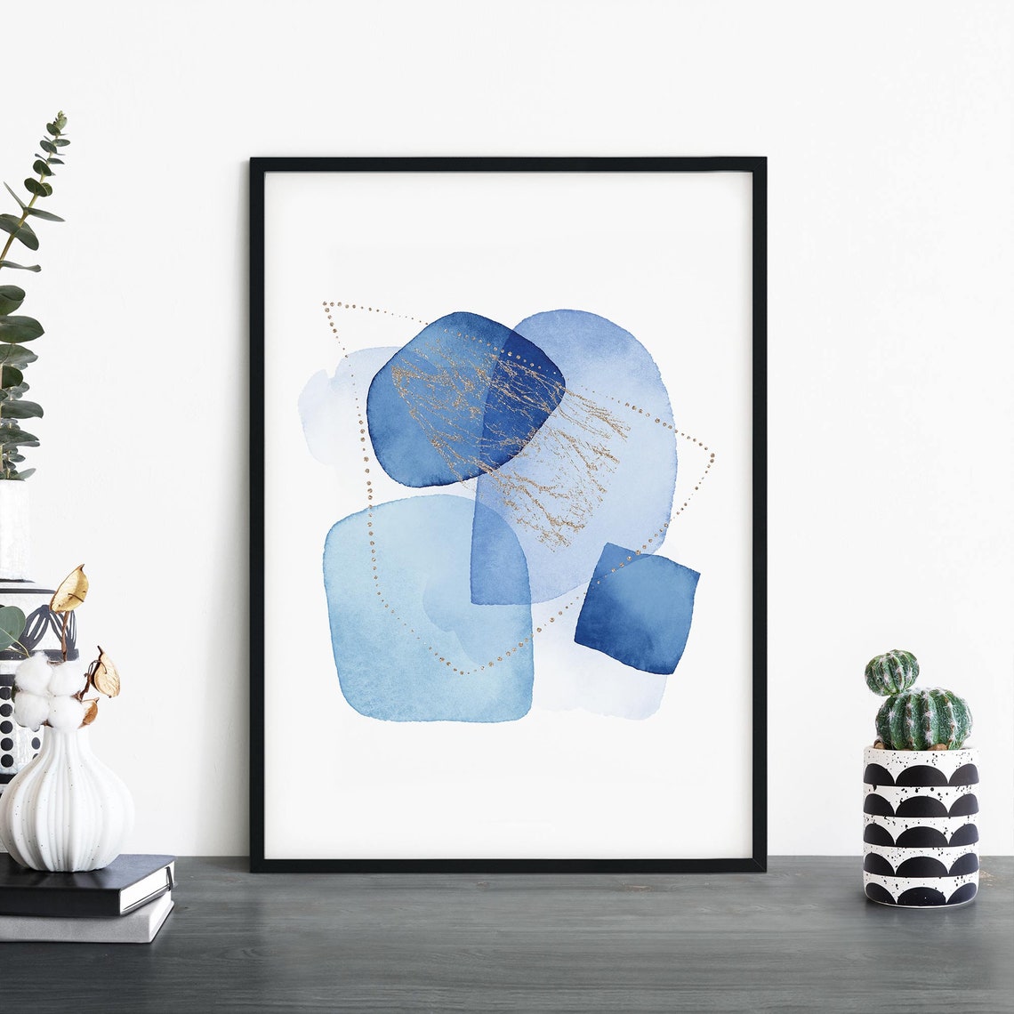 Blue Watercolor Abstract with Gold Accent Dots Modern Art Poster