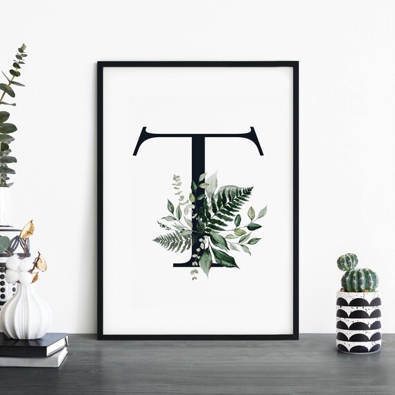Botanical Letter T Monogram Initial Watercolor Greenery Art Poster