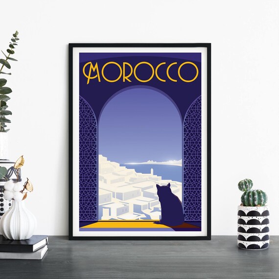 Morocco Cat Watching City Through Art Deco Archway Travel Poster