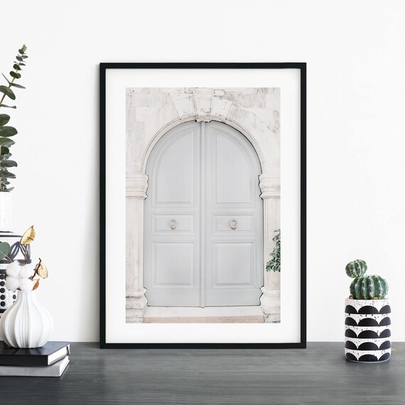 Pale Blue Arched Double Door Stone Facade Photography Poster