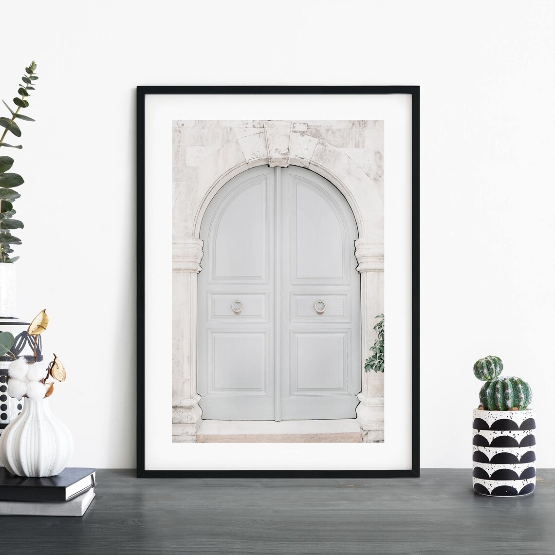 Pale Blue Arched Double Door Stone Facade Photography Poster