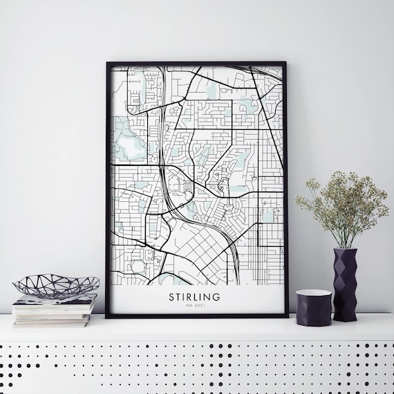 Stirling Perth Minimalist Black White Suburb City Map Art Print