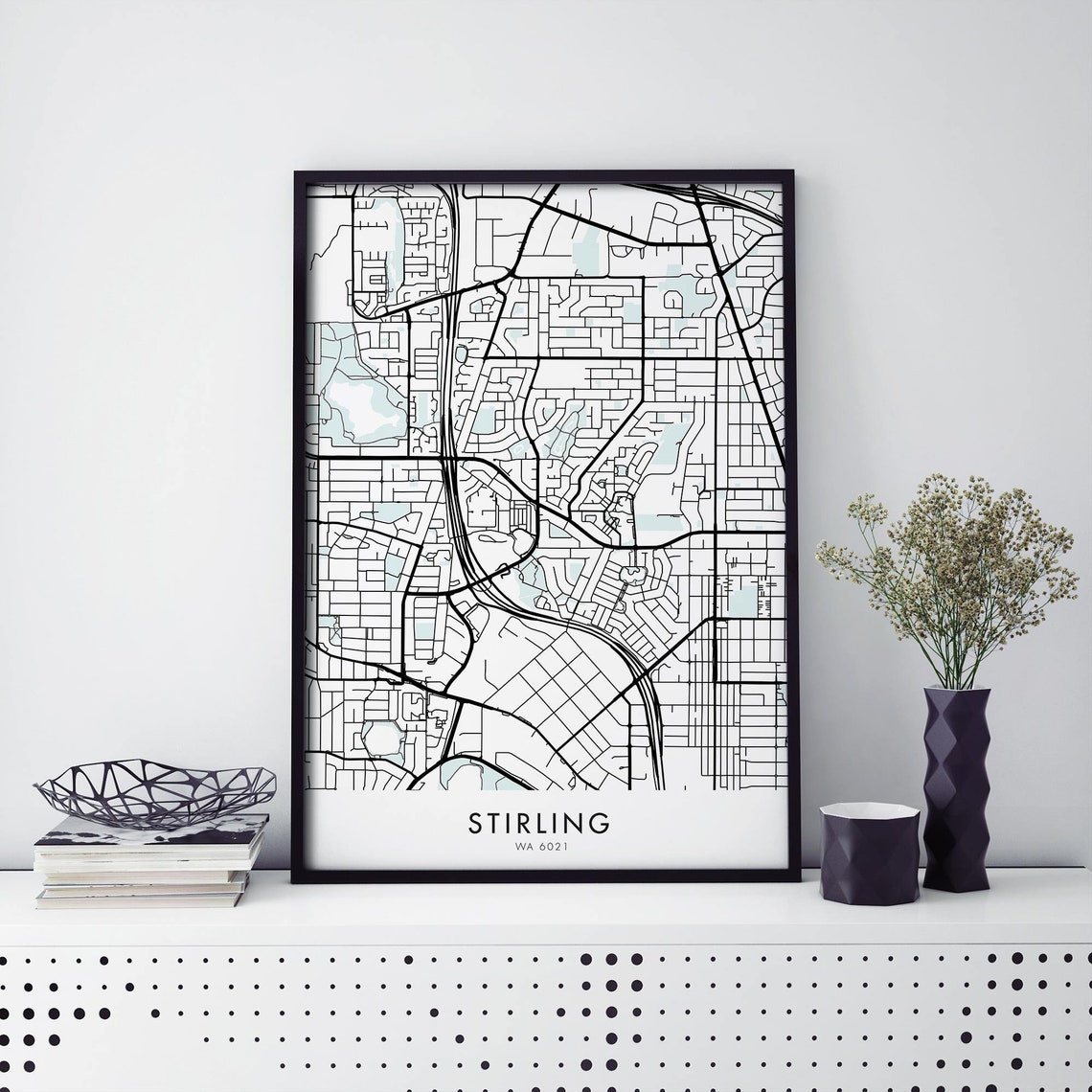 Stirling Perth Minimalist Black White Suburb City Map Art Print