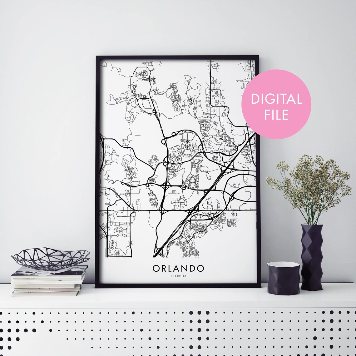 Orlando Florida Minimalist Street Map Black White City Travel Poster