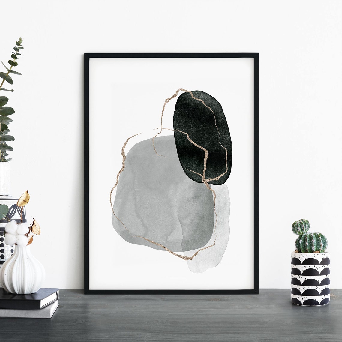 Black Grey Abstract Watercolor Shapes Gold Line Modern Art Print
