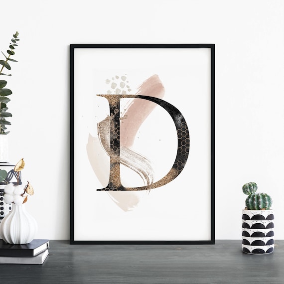Elegant Letter D Gold Glitter Watercolor Monogram Alphabet Print