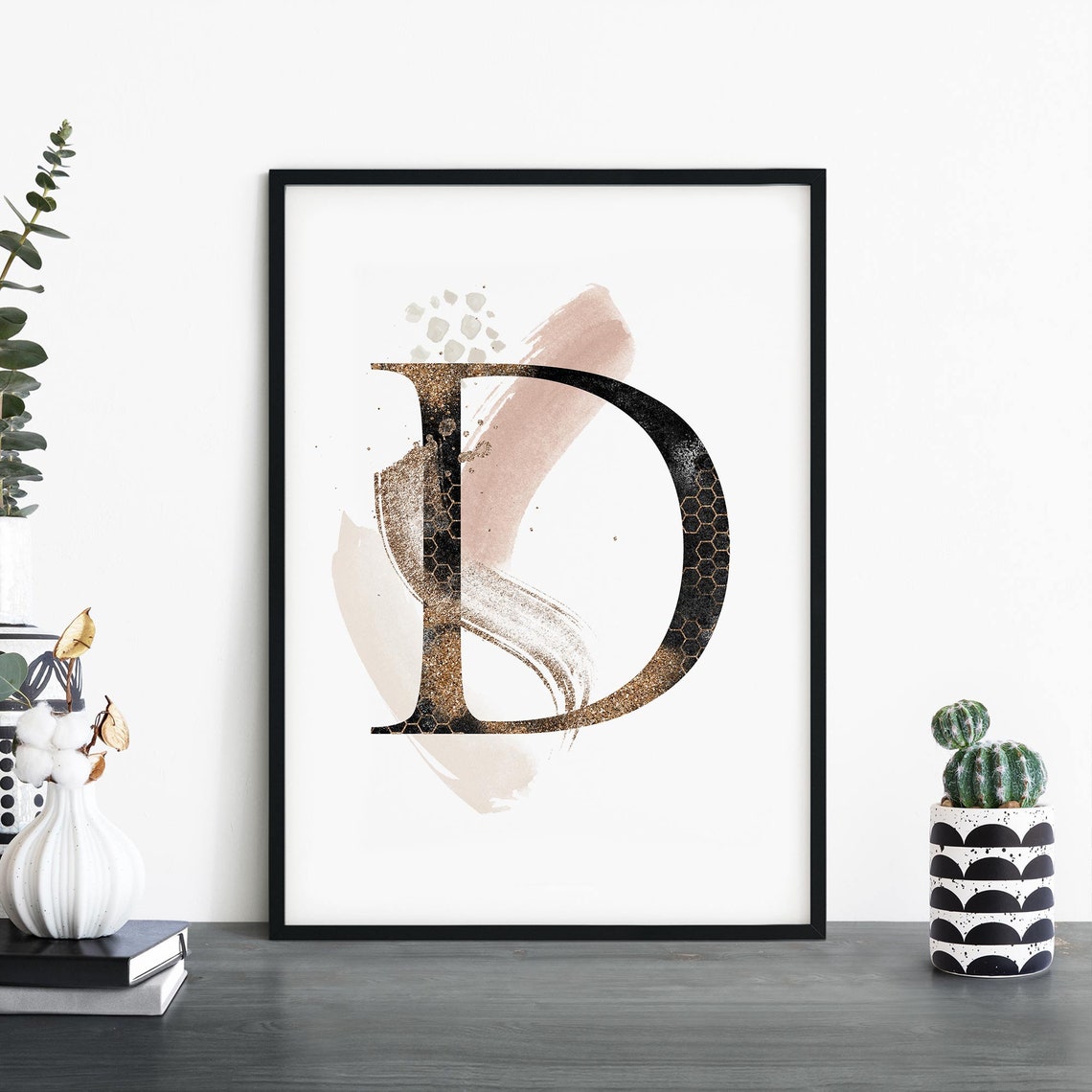 Elegant Letter D Gold Glitter Watercolor Monogram Alphabet Print