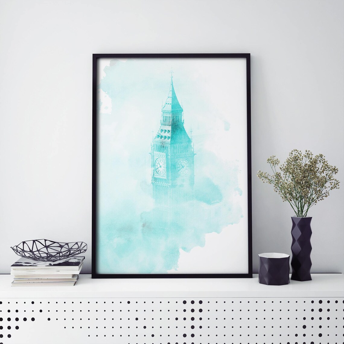 London Big Ben Teal Watercolor Splash Iconic Landmark Art Poster
