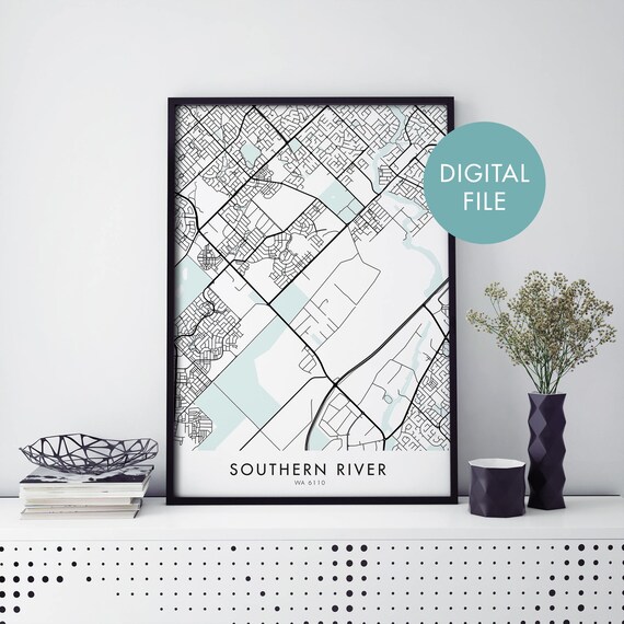 Southern River Western Australia Suburb Map Aqua Detail Print