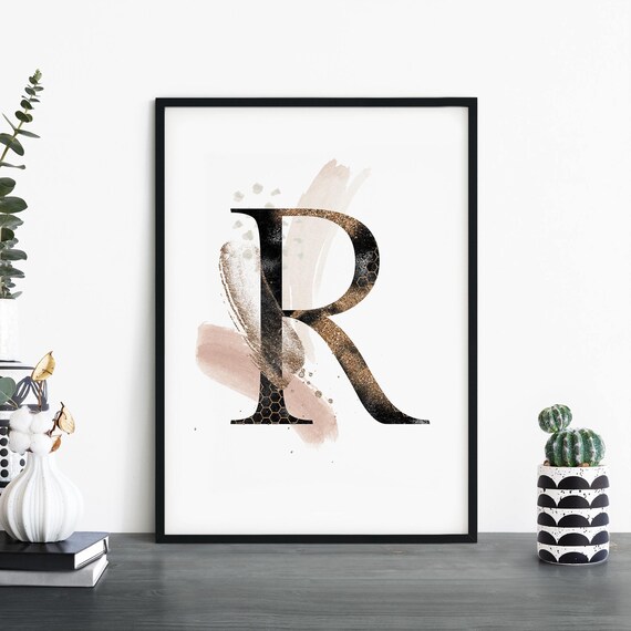 Gold Glitter Letter R Monogram Blush Watercolor Modern Wall Art