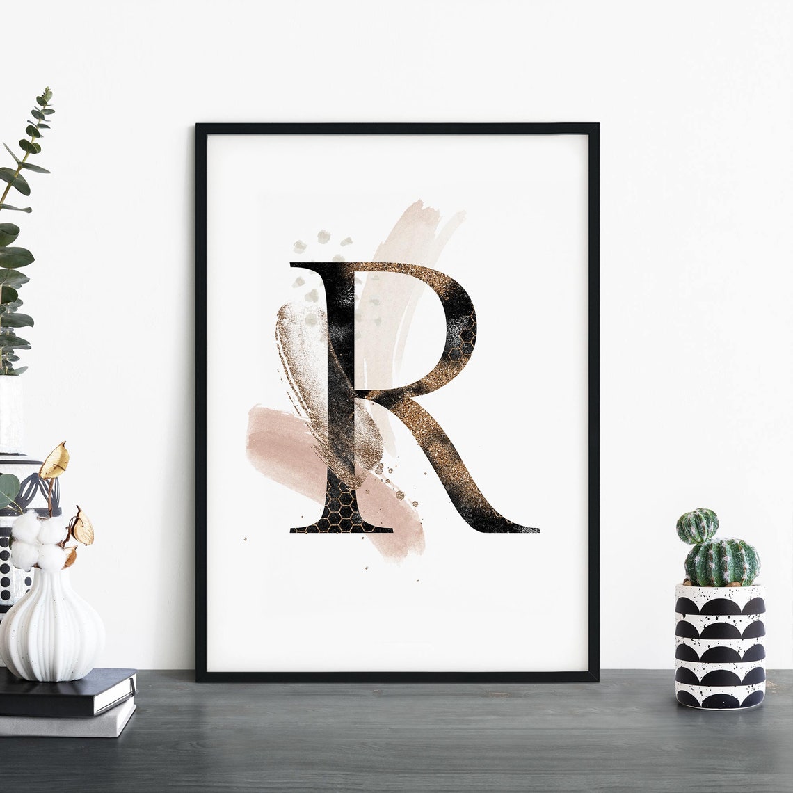 Gold Glitter Letter R Monogram Blush Watercolor Modern Wall Art
