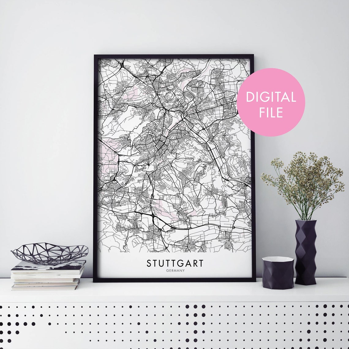 Stuttgart Germany Black White City Street Map Minimalist Poster