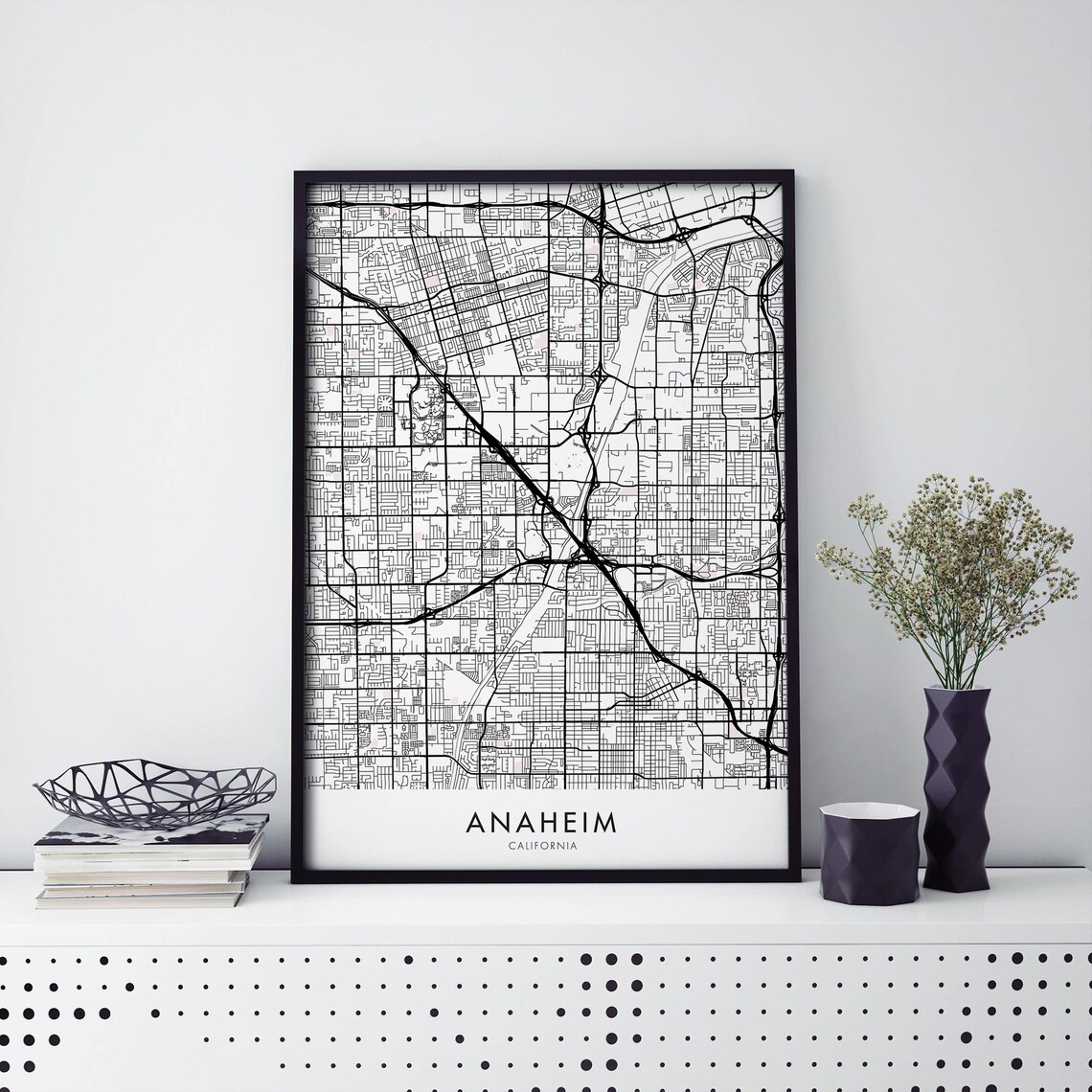 Anaheim California City Map Poster Minimalist Black White Street Plan