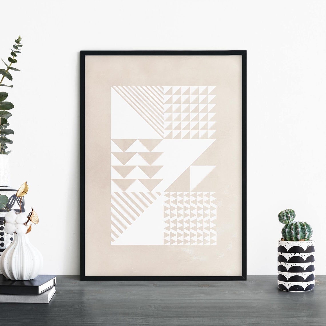 Beige Triangles Grid Geometric Minimal Neutral Abstract Poster