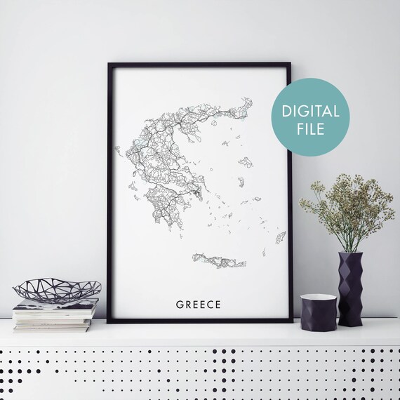 Minimalist Black and White Greece Country Road Map Art Poster