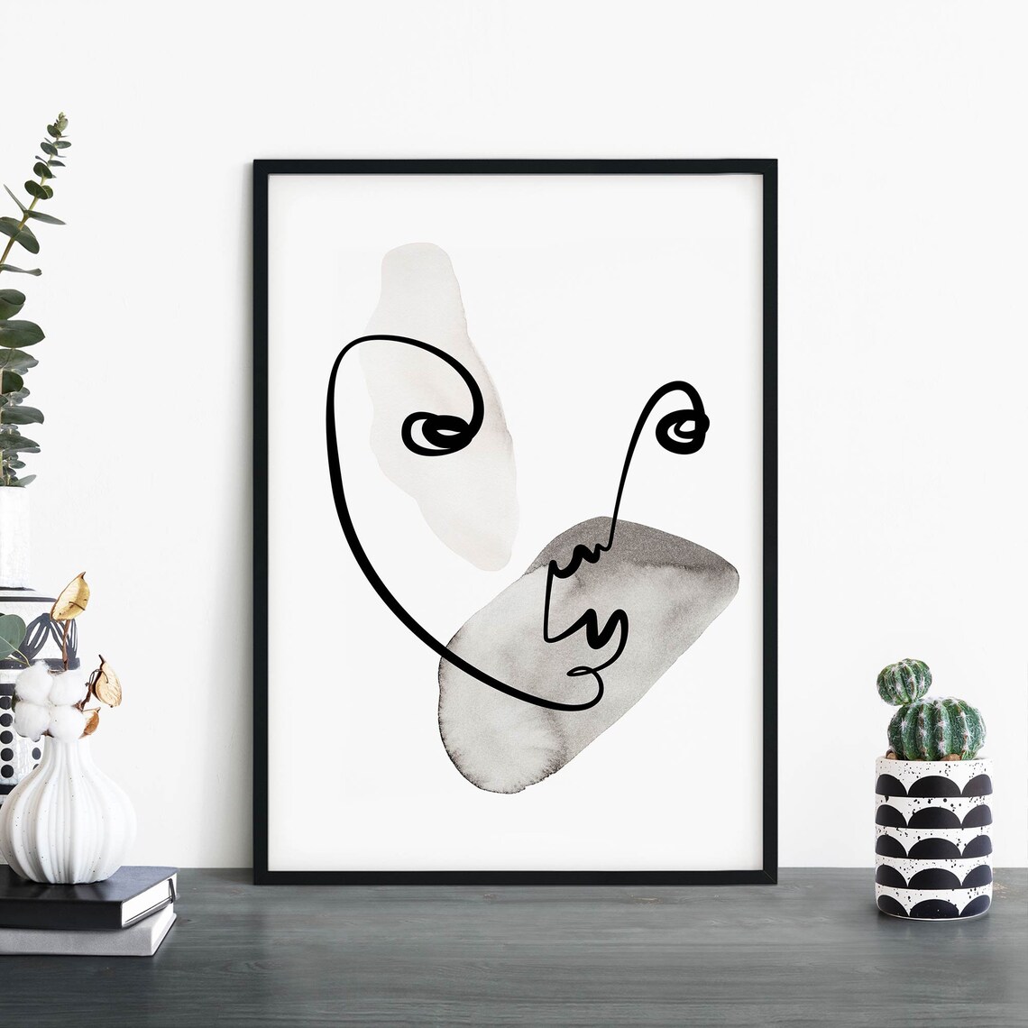 Abstract Swirl Face Line Art Watercolor Modern Print Home Decor