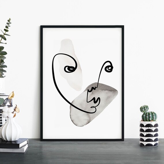 Abstract Swirl Face Line Art Watercolor Modern Print Home Decor