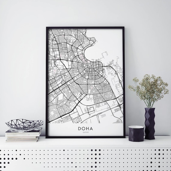 Doha Qatar Black and White City Street Map Art Travel Poster
