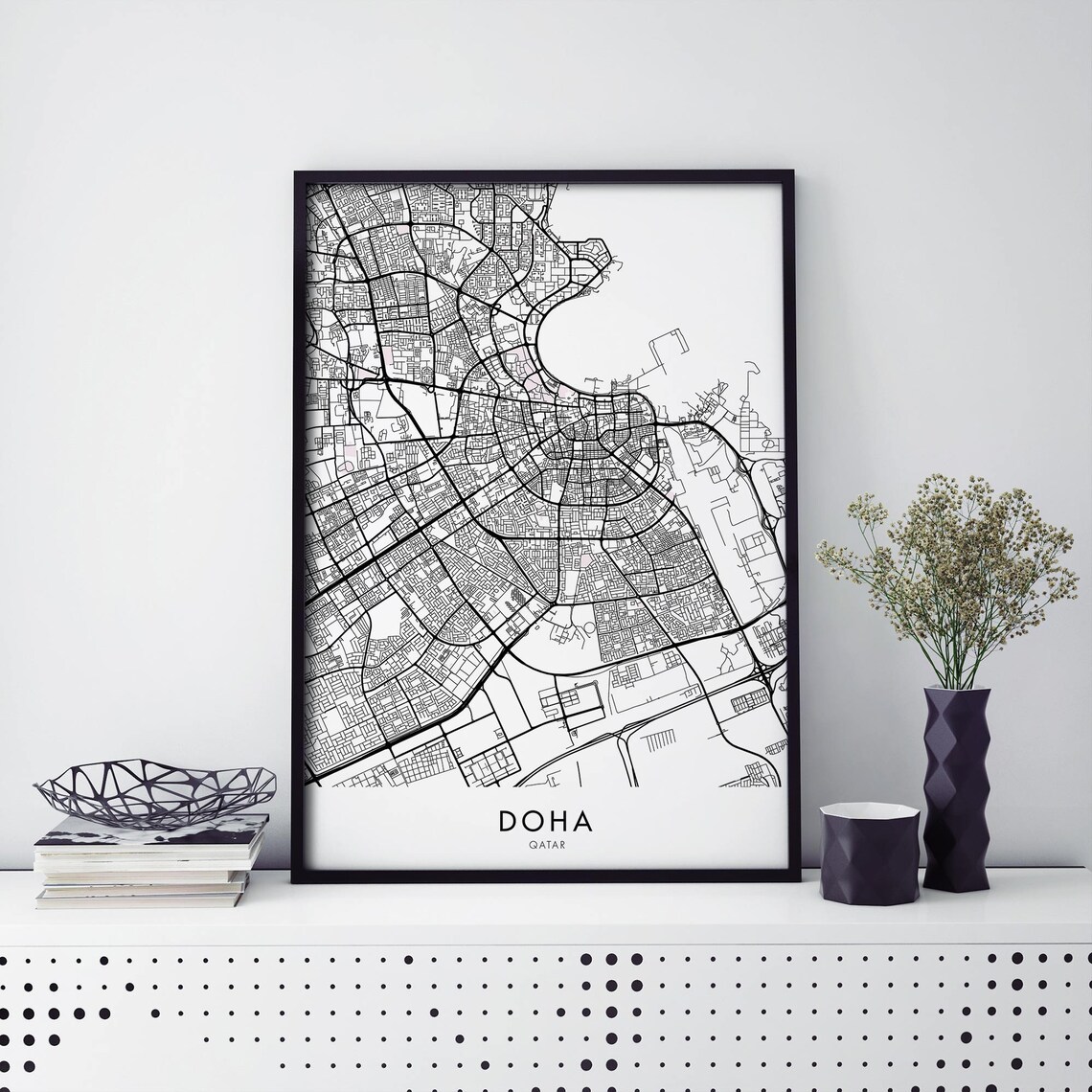 Doha Qatar Black and White City Street Map Art Travel Poster