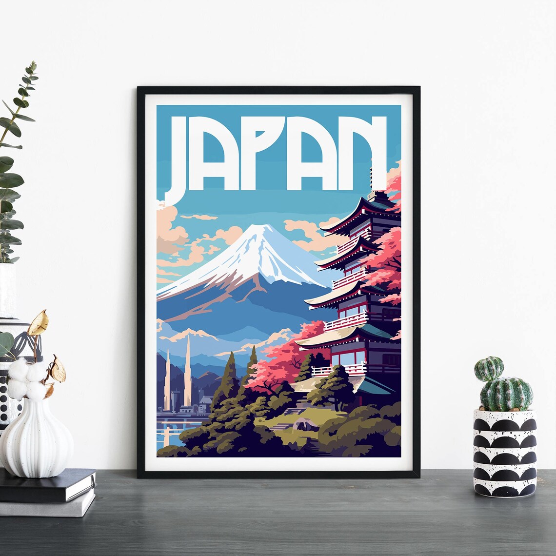 Japan Mount Fuji Pagoda Cherry Blossom Spring Travel Scene Poster