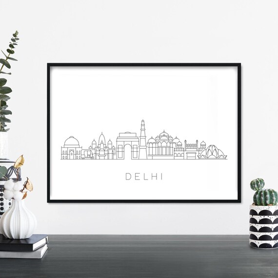 Delhi Skyline Line Art Poster India Gate Lotus Temple Travel Gift