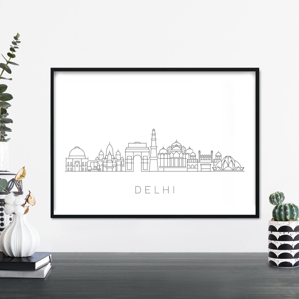 Delhi Skyline Line Art Poster India Gate Lotus Temple Travel Gift