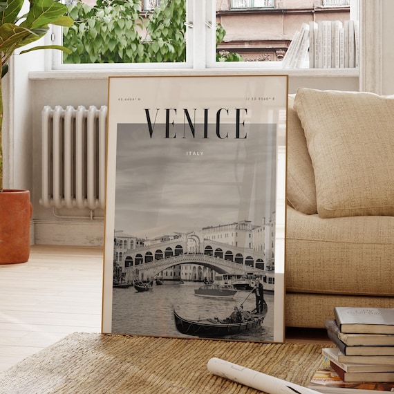 Venice Italy Black And White Vintage Rialto Bridge Gondolas Travel Poster