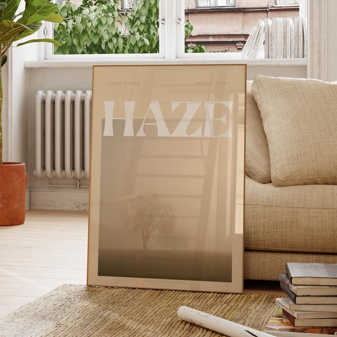 Haze Beige Foggy Tree Landscape Poster With Less Noise More Soul Quote
