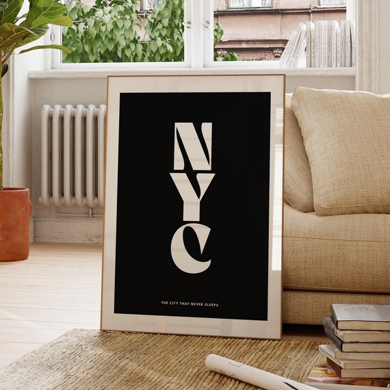 NYC Monochrome Typography Black Poster The City That Never Sleeps Art