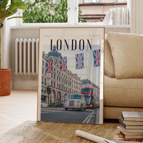 London England Union Jack Red Bus Black Cab Iconic Street Travel Poster