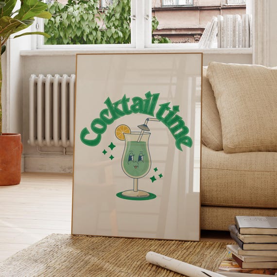 Cocktail Time Cute Green Cocktail Character Retro Kitchen Art Poster