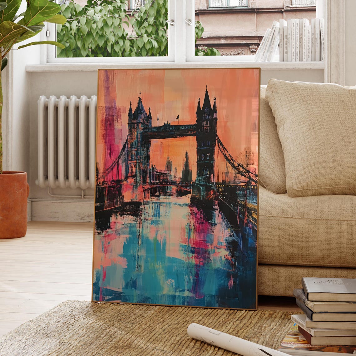 London Tower Bridge Pink Orange Abstract Vibrant Skyline Poster