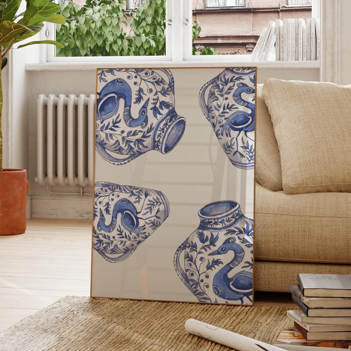 Blue White Chinoiserie Porcelain Vases Bird Elegant Ceramic Art Poster
