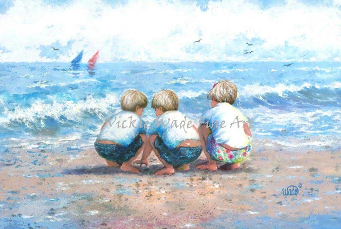 Twin Boys And Girl Beach Art Print Twin Blonde Boys And Blonde Big Sister Shelling At Beach Twin Brunette Boys And Girl Vickie Wade Art