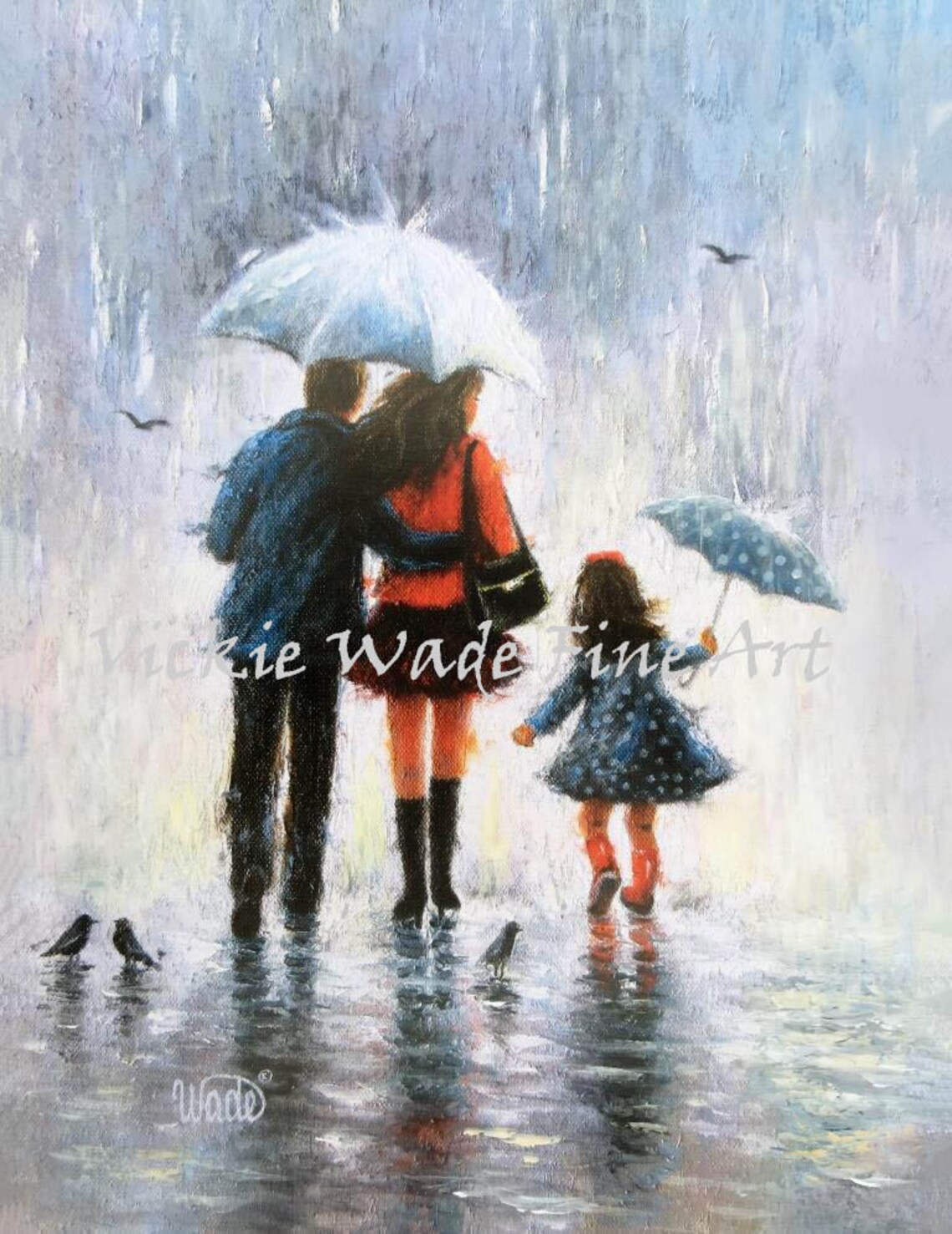 Family of Three Rainy Stroll Umbrellas Mom Dad Daughter Poster
