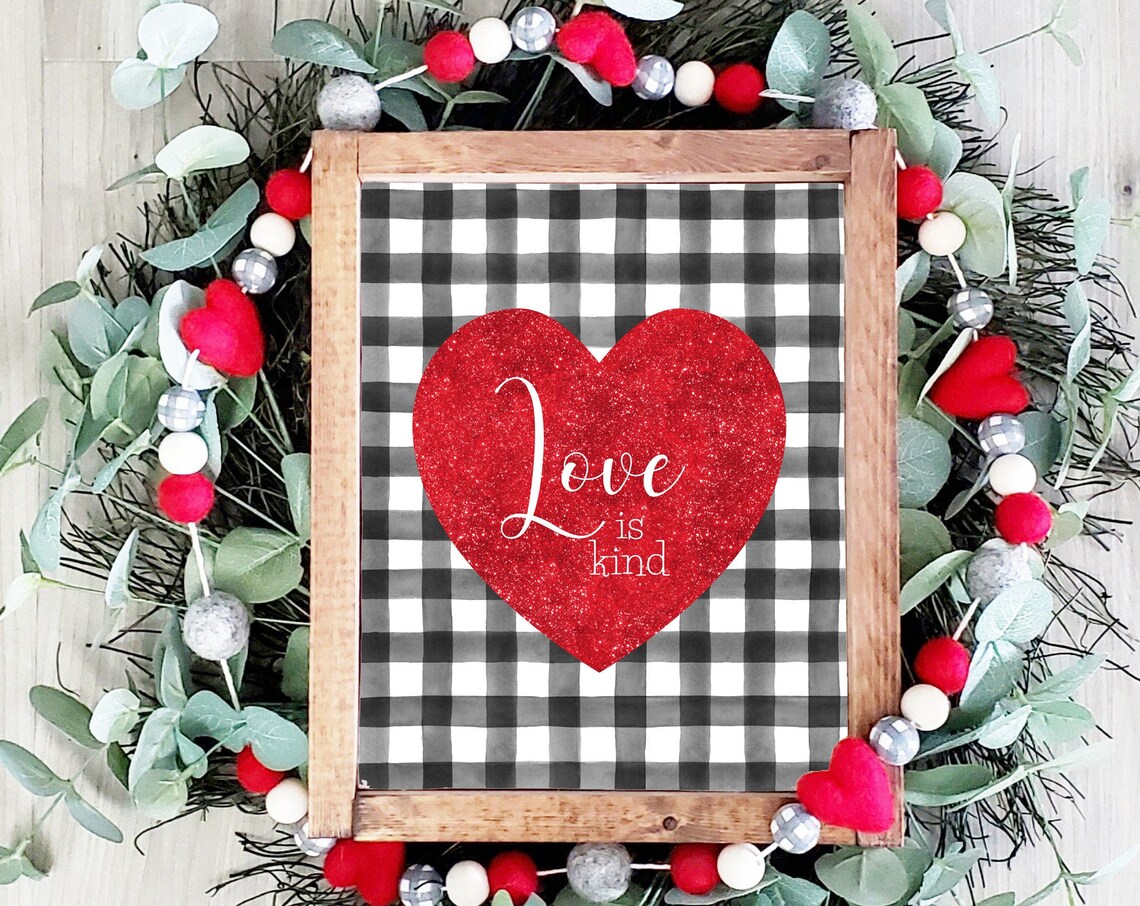 Love Is Kind Red Glitter Heart Buffalo Check Farmhouse Sign Poster