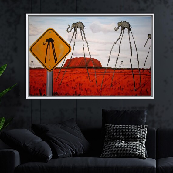 Salvador Dali Style Elephants Crossing Uluru Desert Scene Poster