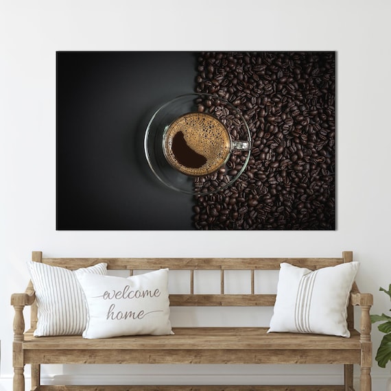 Black Coffee Cup And Coffee Beans Overhead Modern Kitchen Print