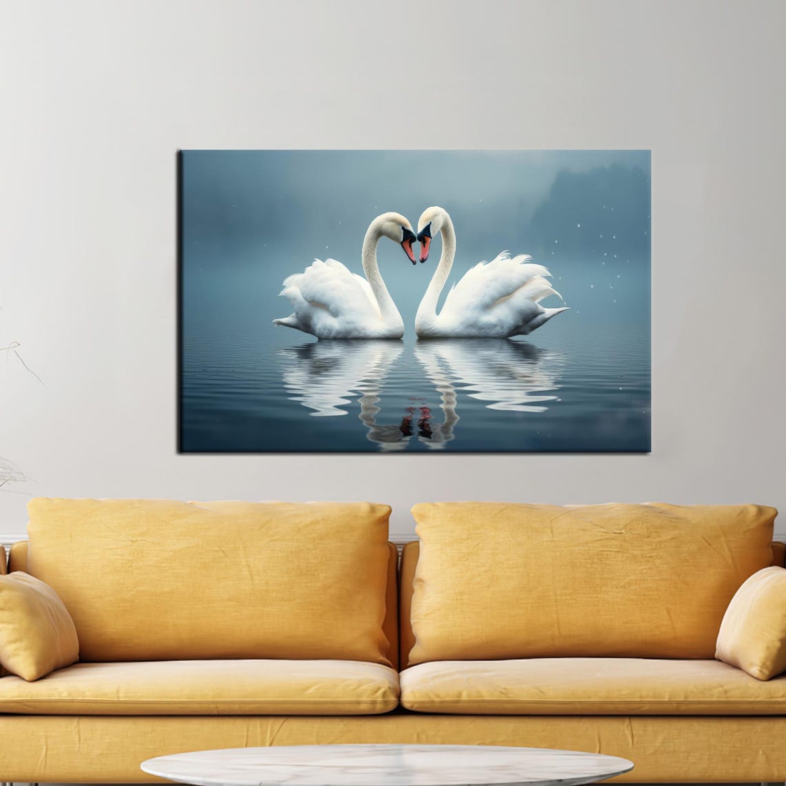 Two White Swans Heart Shape Romantic Love Lake Photo Wall Art