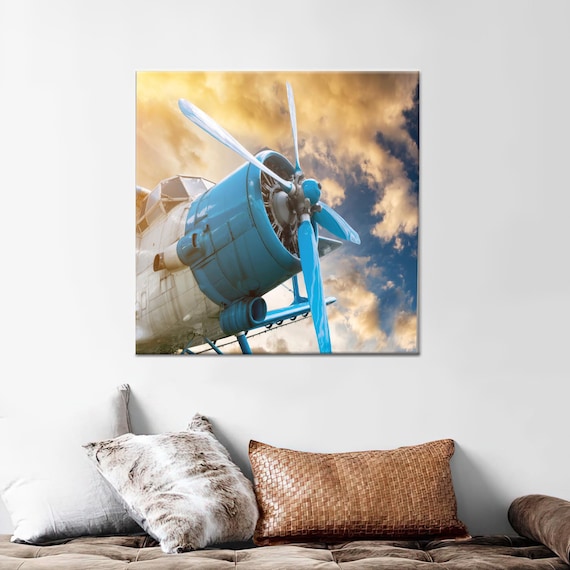 Vintage Blue Propeller Airplane Sunset Sky Aviation Art Poster