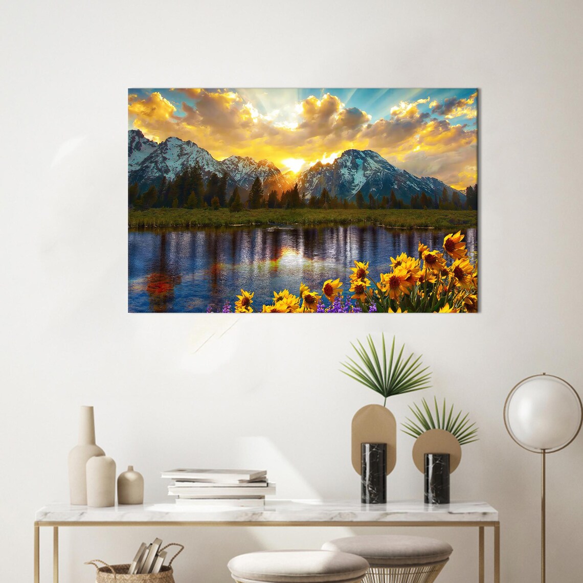 Grand Teton Sunflower Boho Sunset Landscape Art Print