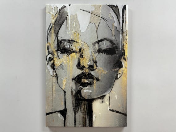 Abstract Woman Face Canvas Print Gold Accent Wall Art