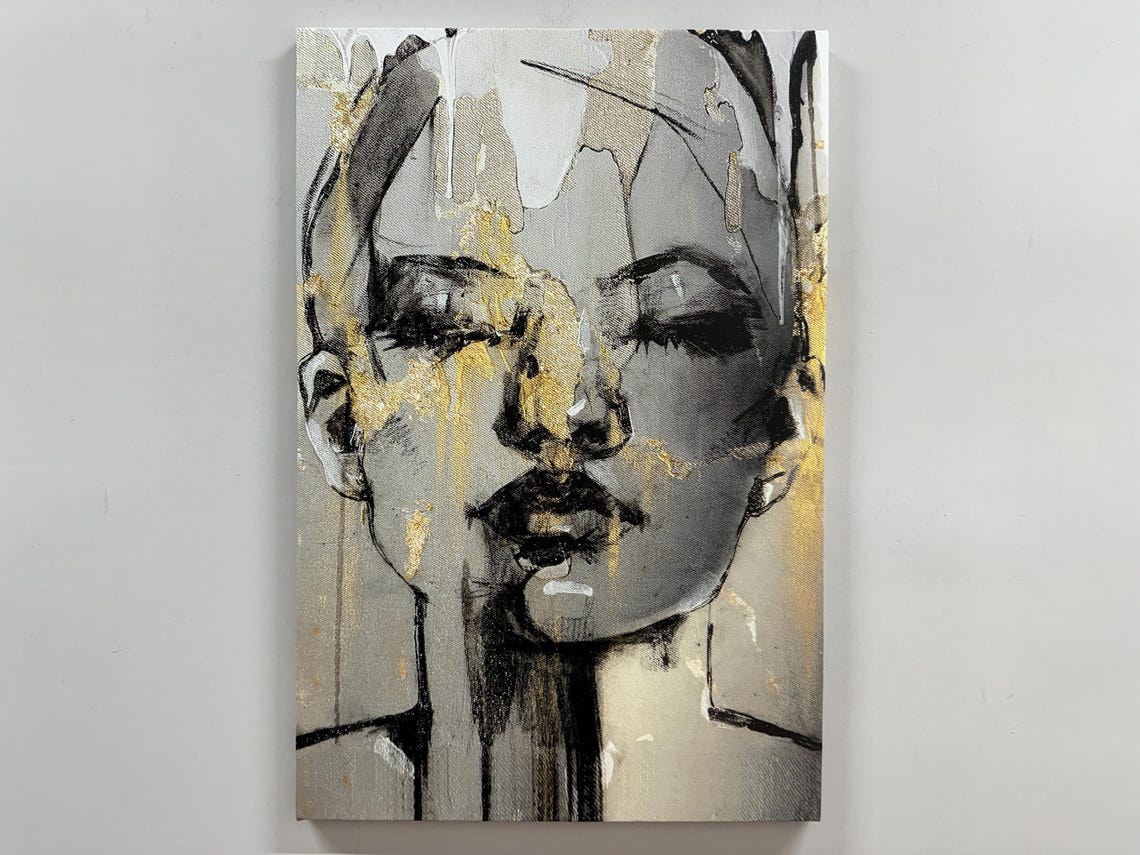 Abstract Woman Face Canvas Print Gold Accent Wall Art
