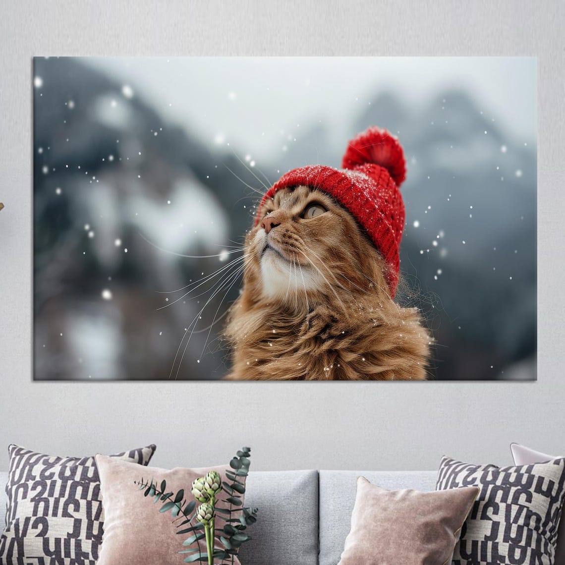 Fluffy Cat In Red Knit Hat Falling Snow Winter Scene Canvas Wall Art