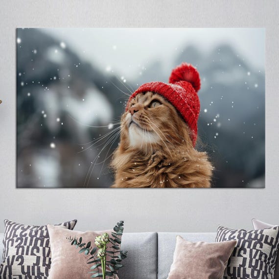 Fluffy Cat In Red Knit Hat Falling Snow Winter Scene Canvas Wall Art